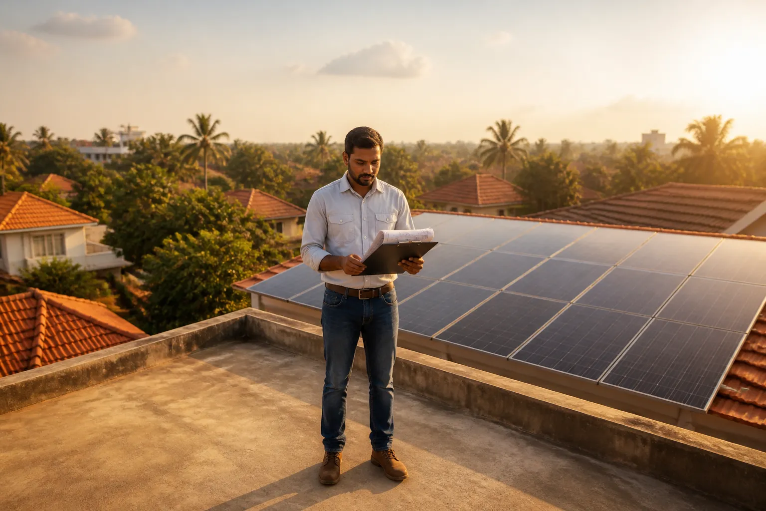 Arkasolar technician reviewing solar installation plans on a rooftop in Odisha