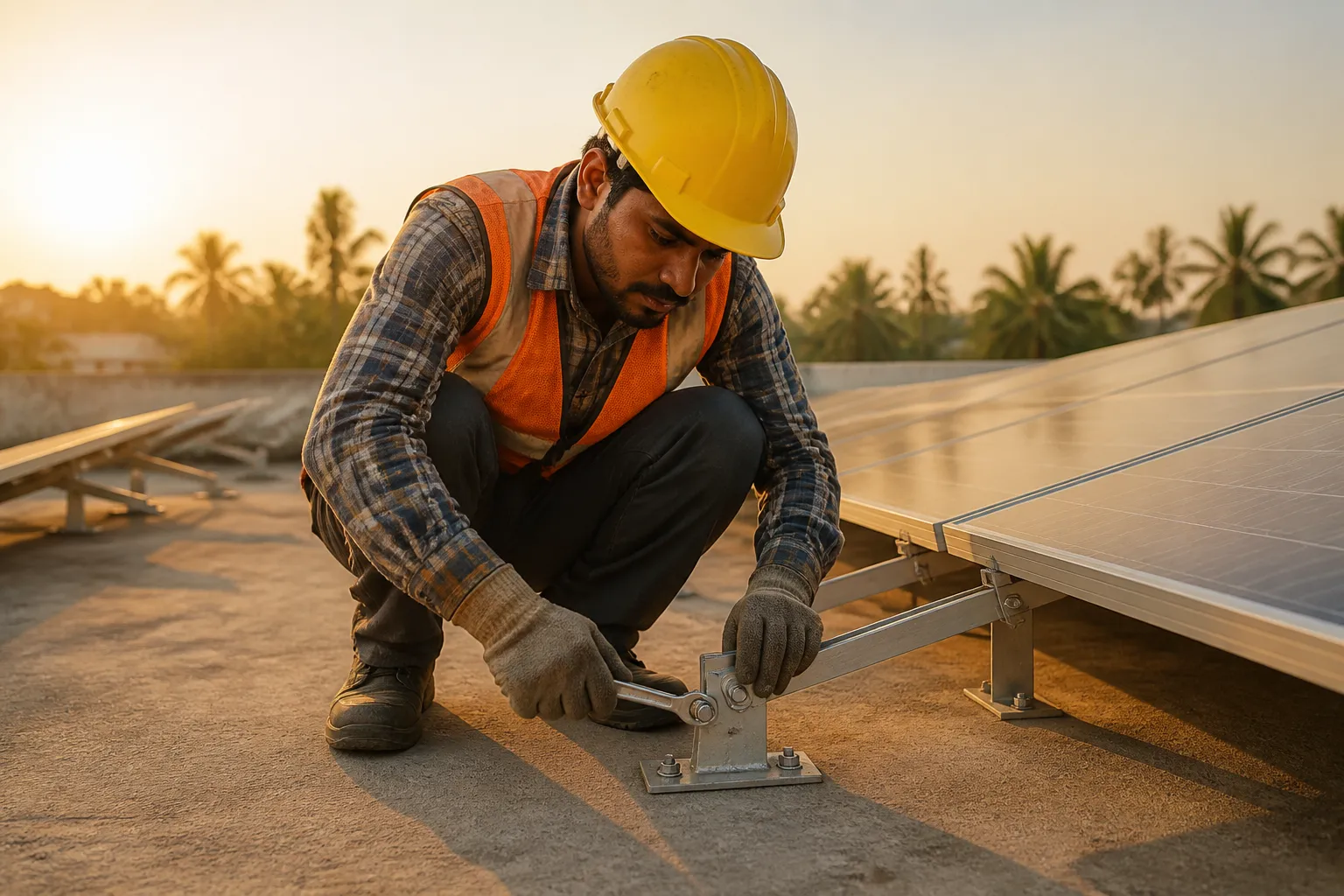 Arkasolar technician installing solar panel mounting brackets on a flat rooftop in Odisha